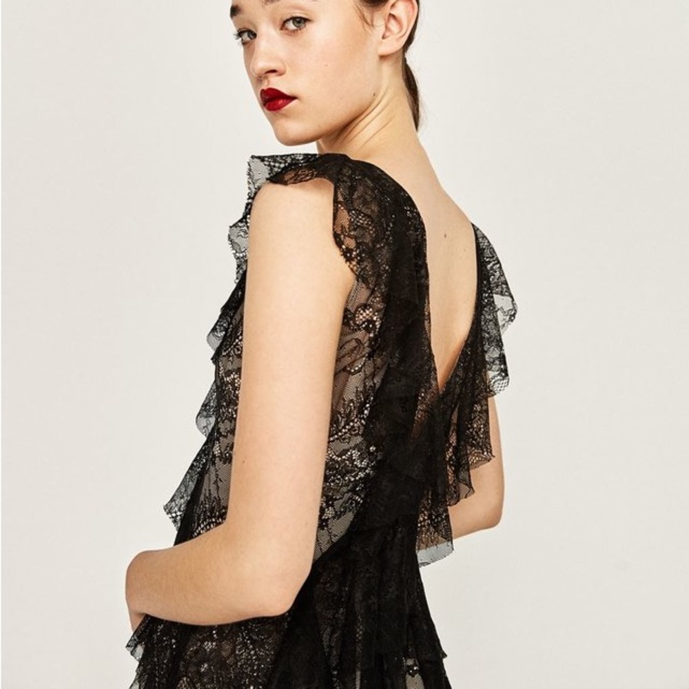 ZARA WOMAN STUDIO NWT PREMIUM Black & Nude Lace Ruffle Frill V Neck Maxi Dress - Picture 7 of 14